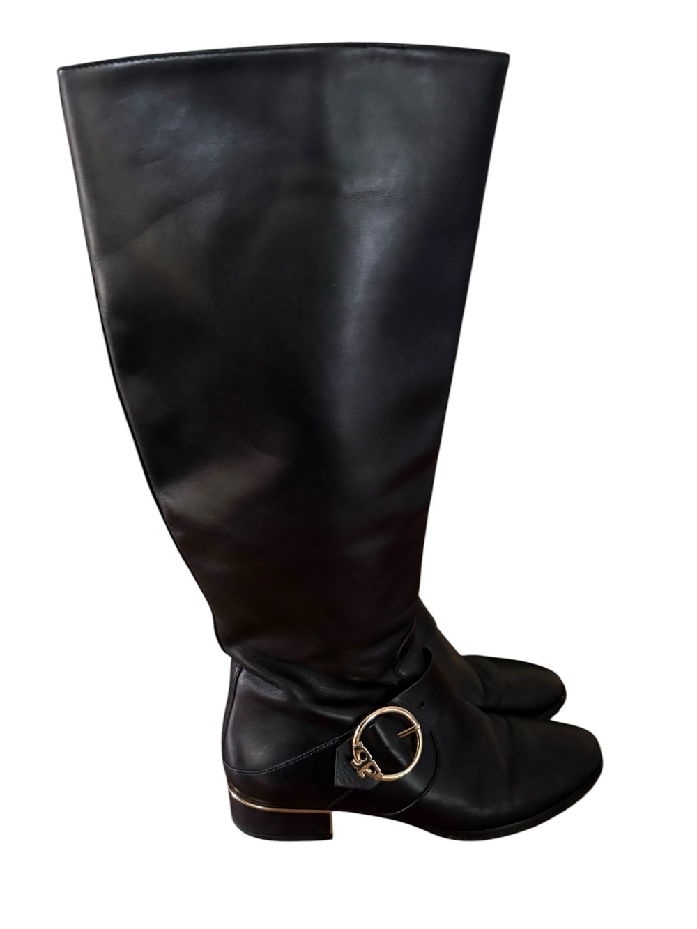 Tory Burch Sofia Black Leather Knee High Riding Boots Gold Logo Buckle Size 7